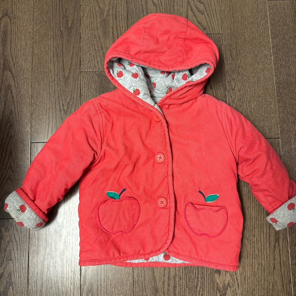 Baby Boden Coral-Red Hooded Puffer Jacket with Apple Pockets size 18/24